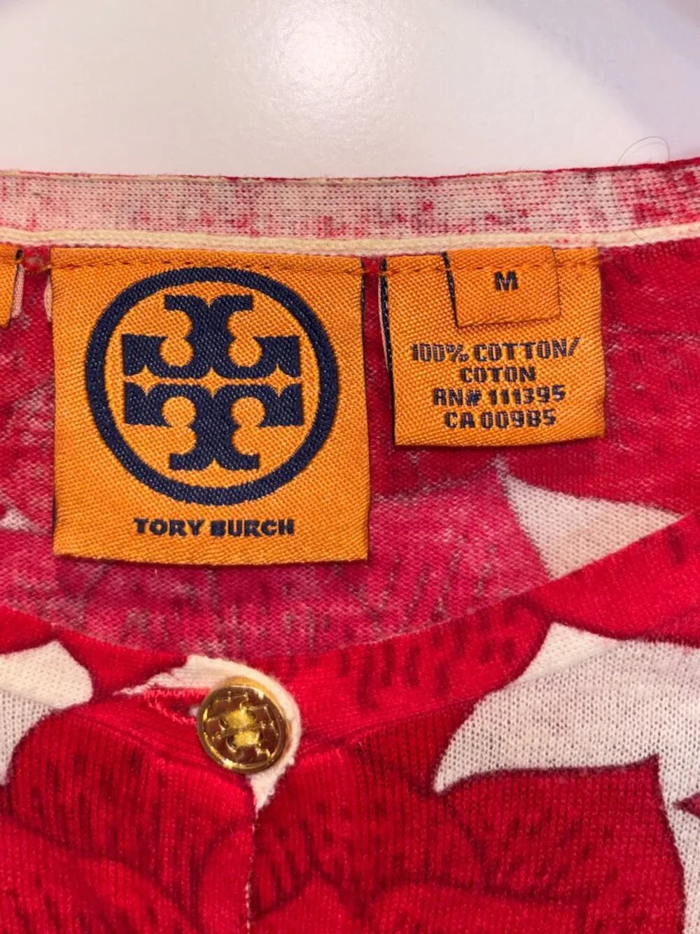 Tory Burch Red Pink Floral Cotton Logo Button Cardigan Size Medium